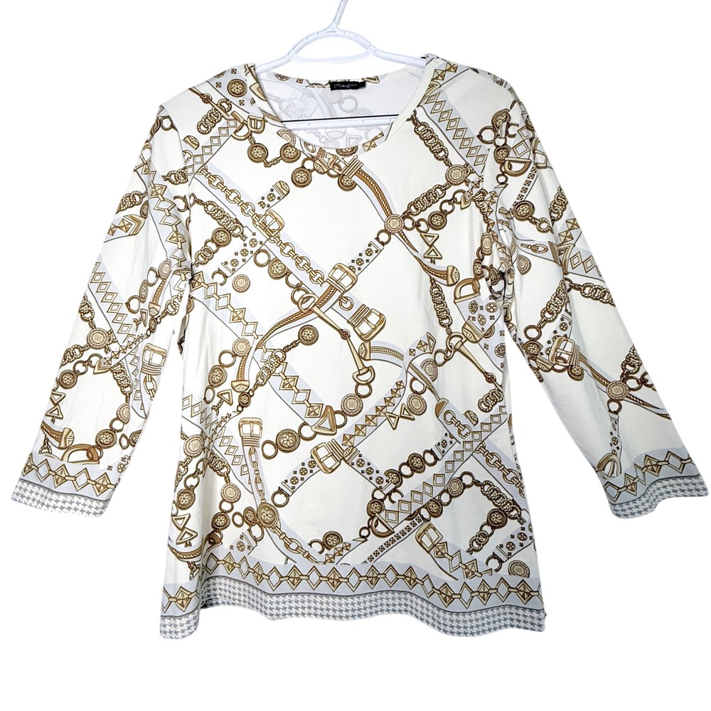 J McLaughlin Top Womens L White Gold Equestrian Chain Print Long Sleeve Preppy